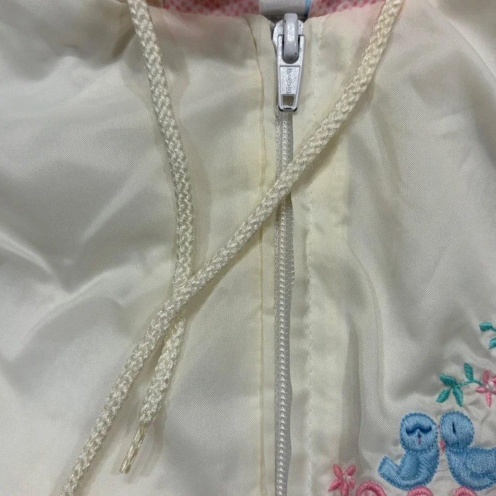 Vintage Baby Girl White Pink Ruffle Bird Windbreaker Jacket Hooded 6-9 Months